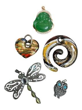 Whimsy Pendant Bundle Art Glass Swirl Heart Owl Buddha and Dragonfly